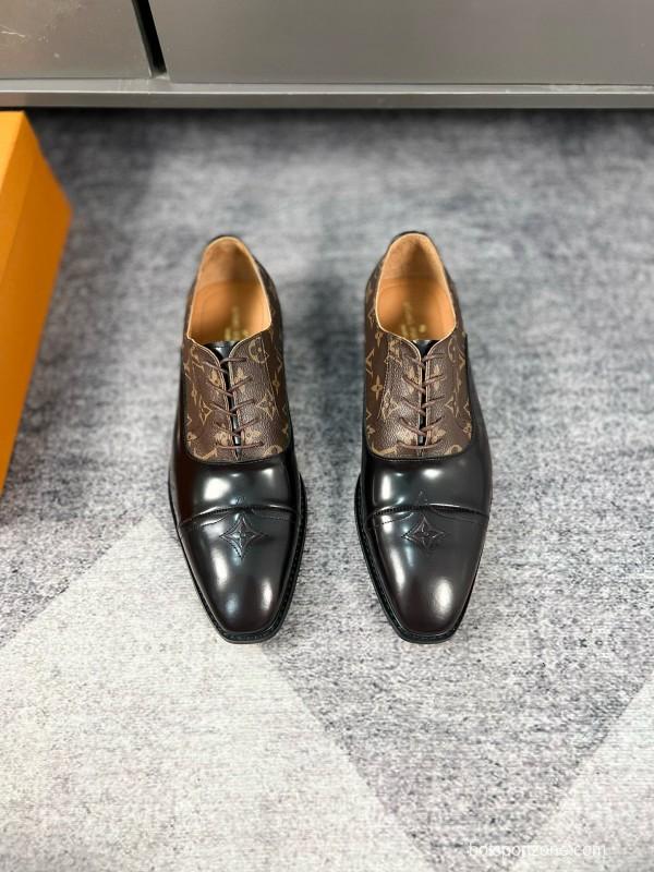2024 Men Louis Vuitton Brown Black Leather Canvas Oxford MJ00380