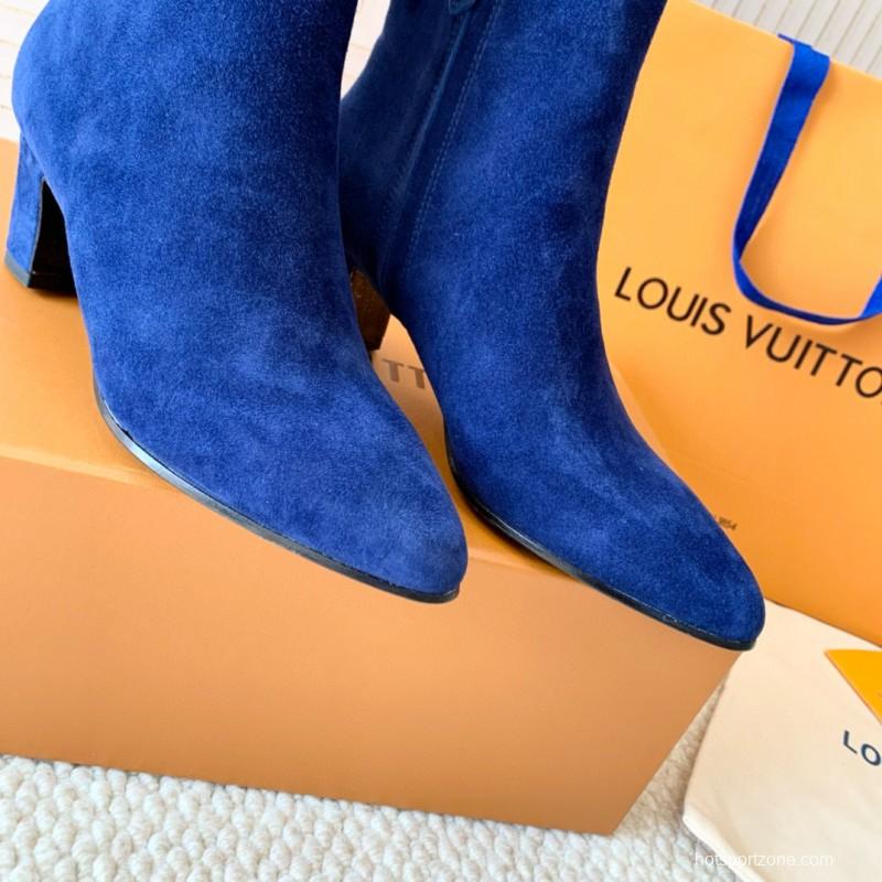 2024 Women Louis Vuitton Blue Suede Ankle Boots