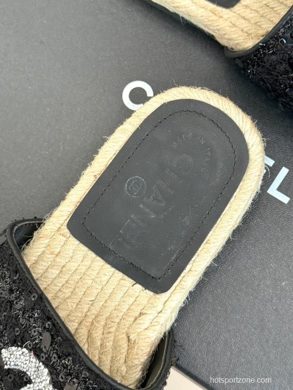 2025 Women Chanel Black Sequin Espadrille Slides Classic Double C Logo Handmade Braided Sole KFY00240(F)