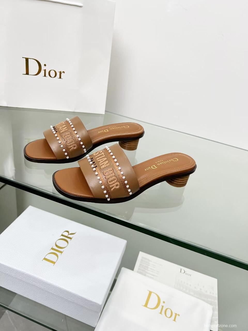 2025 Women Dior Brown Leather Mule Beaded LY00210