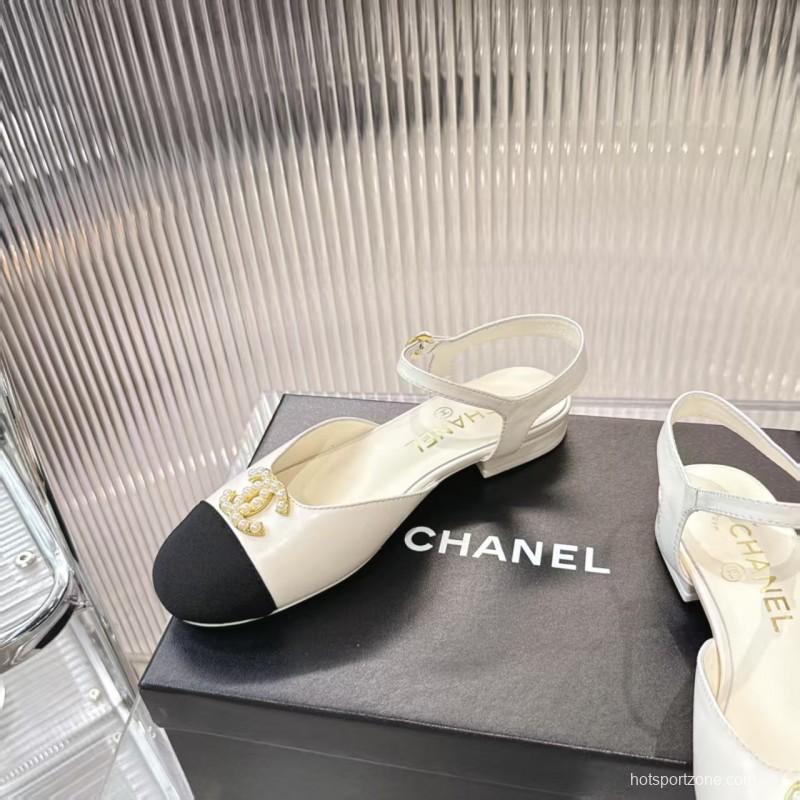 2025 Women Chanel White Black Leather Slingback Flats