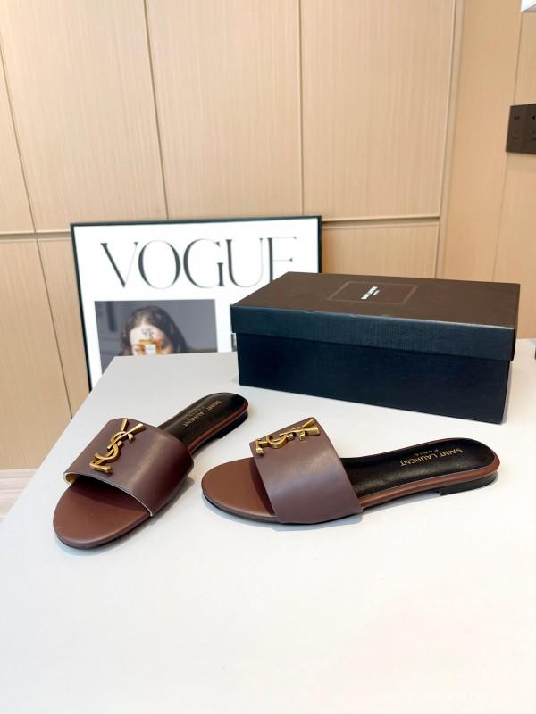 2025 Women Yves Saint Laurent Brown Leather Slippers LY00180
