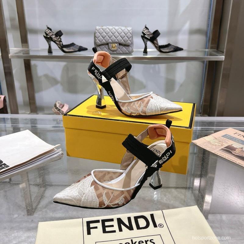 2025 Women Fendi Beige Black Mesh Leather Heels MJ00280