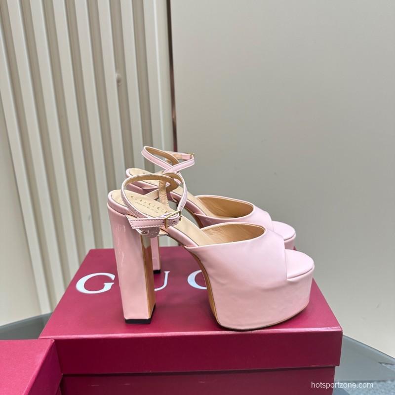 2025 Women Gucci Pink Patent Leather Platform Sandals