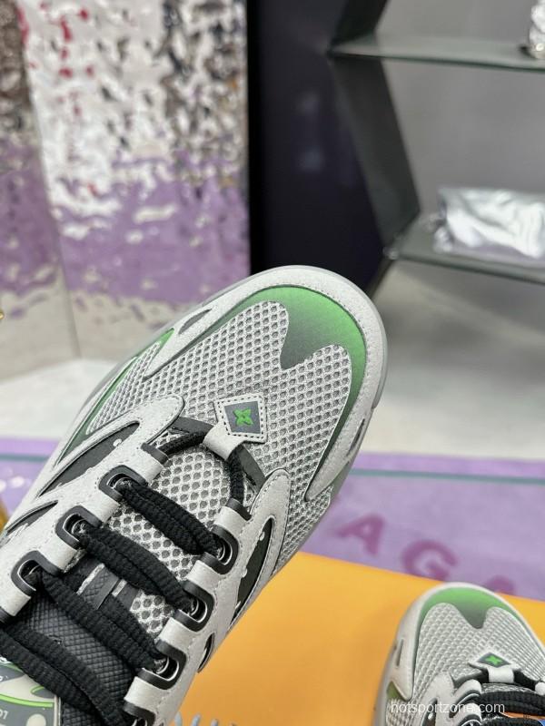 2025 Men Louis Vuitton Green Grey Mesh Leather Sneakers MJ00420