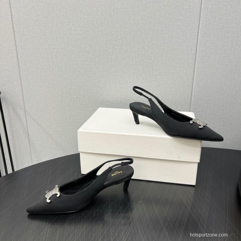 2025 Women Celine Black Fabric Leather Slingback Kitten Heels KFY00290
