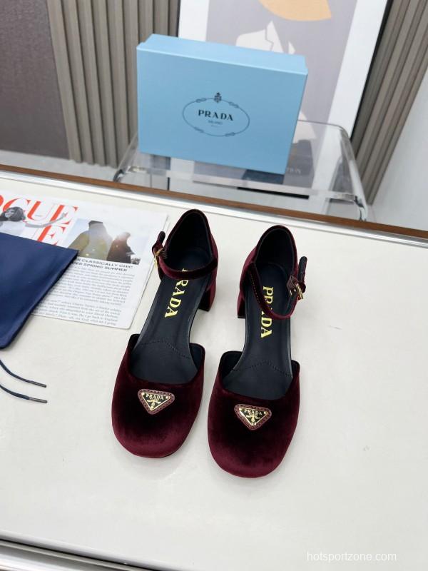 2025 Women Prada Burgundy Velvet Mary Jane Heel LY00270