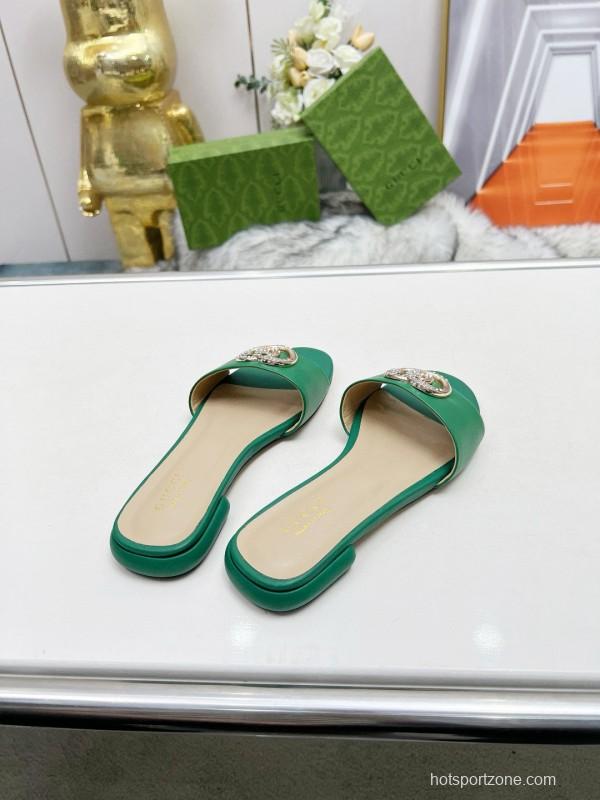 2025 Women Gucci Green Leather Flat Heel Slippers Double G Buckle MJ00190