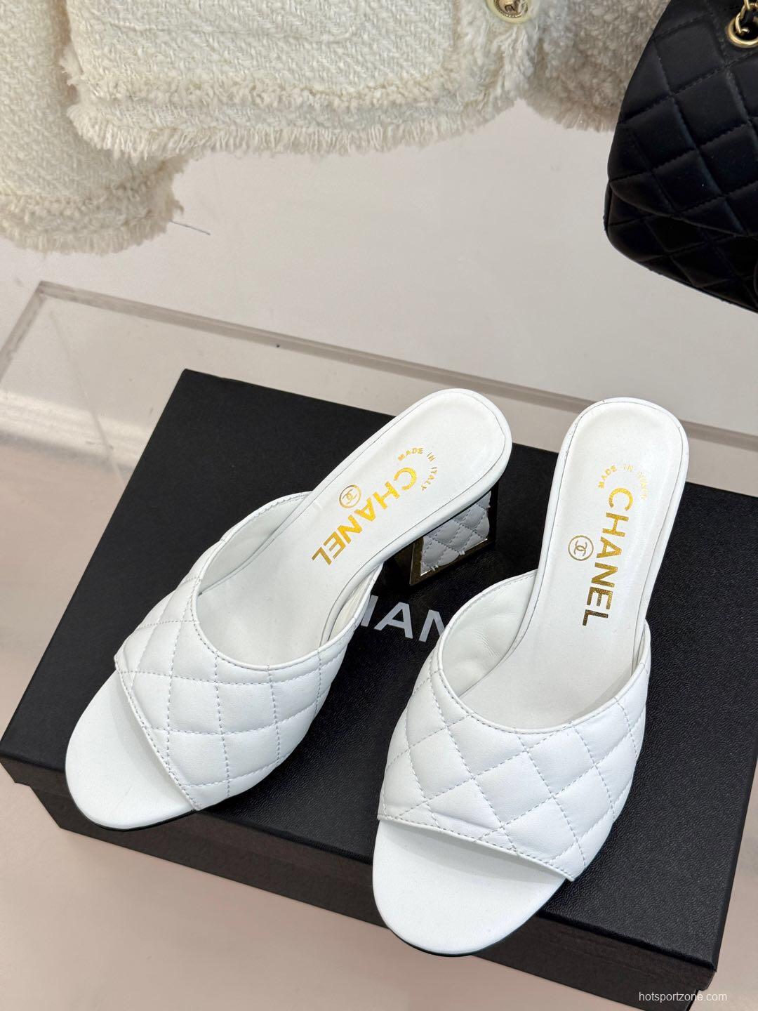 2025 Women Chanel White Lambskin Quilted Heeled Slippers