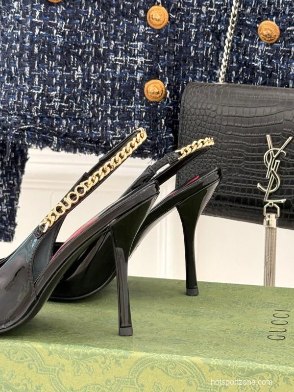 2025 Women Gucci Black Patent Leather Slingback High Heel Chain Detail