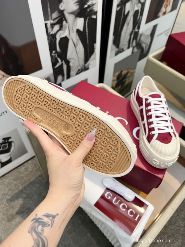 2025 Women Gucci Burgundy Canvas Rubber Sole Thick Platform Sneakers Handcrafted LY00270