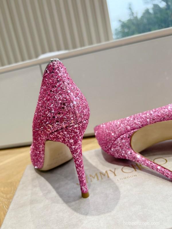 2025 Women Jimmy Choo Pink Glitter Leather High Heels KFY00280