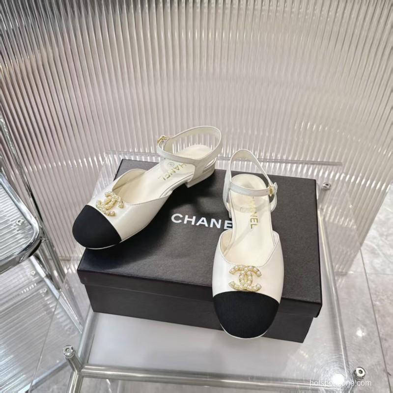 2025 Women Chanel White Black Leather Slingback Flats