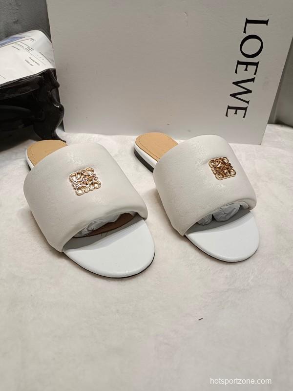 2025 Women Loewe White Leather Slippers LY00260