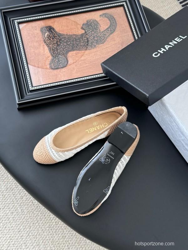2025 Women Chanel White Beige Leather Mesh Ballet Flats LY00280