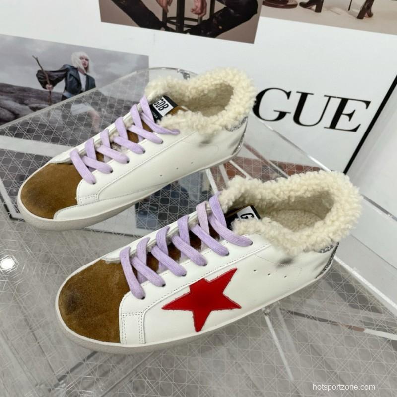 2025 Women GGDB White Red Brown Leather Shearling Sneakers
