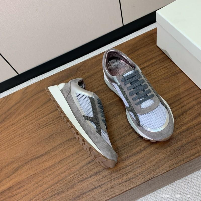 2025 Unisex Brunello Cucinelli Grey White Suede Mesh Leather Sneakers Handcrafted Beaded Chain KFY00310