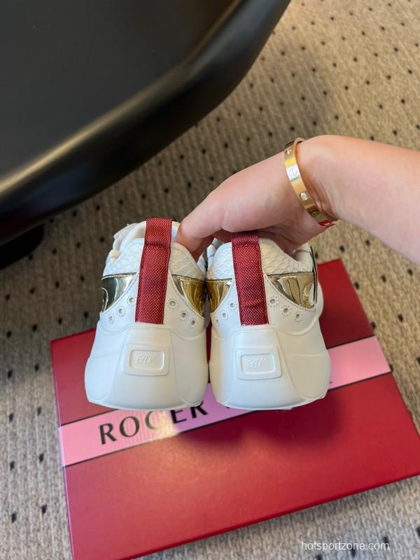 2025 Women Roger Vivier White Gold Leather Mesh Sneakers KFY00380