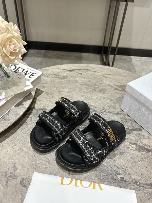 2025 Women Dior Black White Fabric Leather Sandals KFY00300