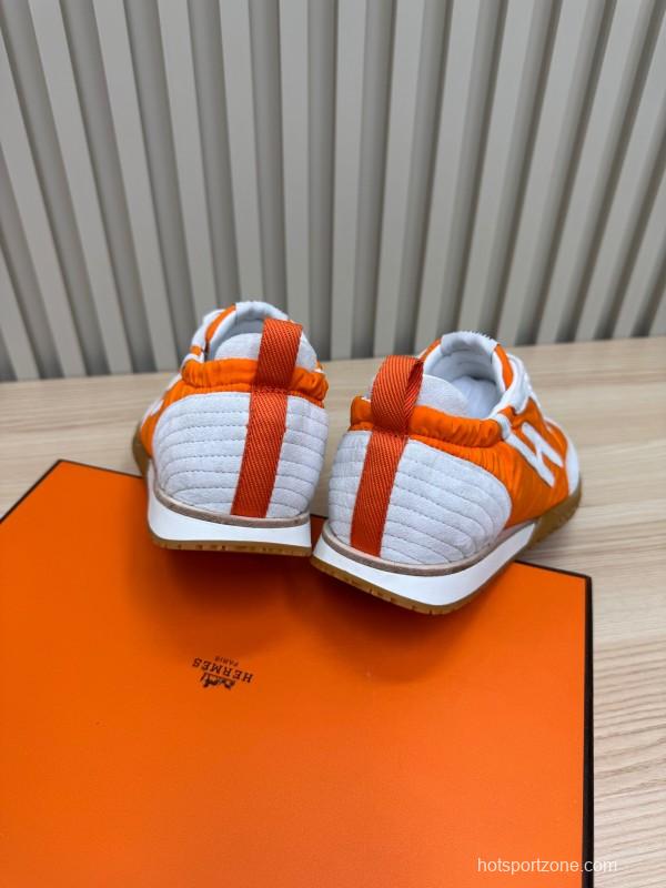 2025 Unisex Hermès Orange White Suede Nylon Sneakers Top Version LY00310