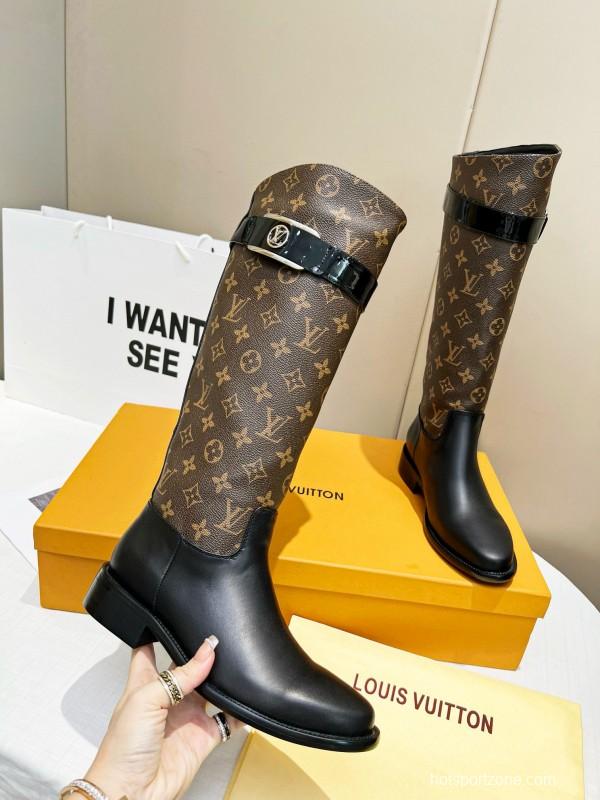 2024 Women Louis Vuitton Brown Black Leather Canvas Boots MJ00400