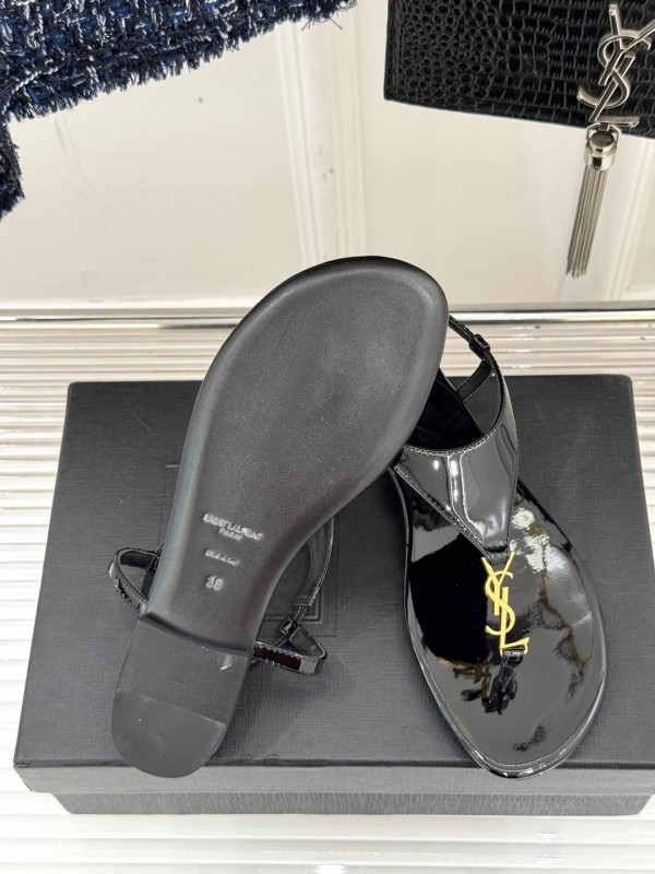 2025 Women Yves Saint Laurent Black Patent Leather Thong Sandals