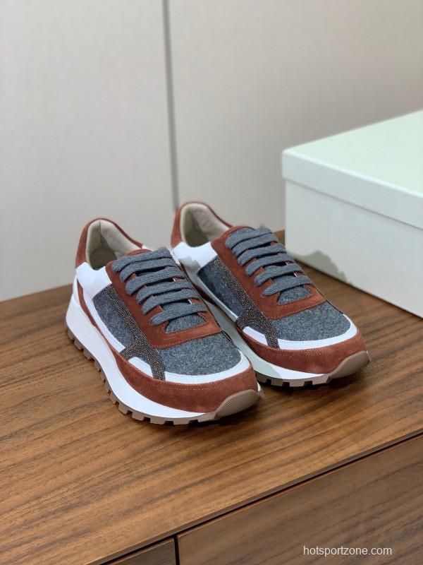 2025 Unisex Brunello Cucinelli Grey Brown White Suede Fabric Sneakers LY