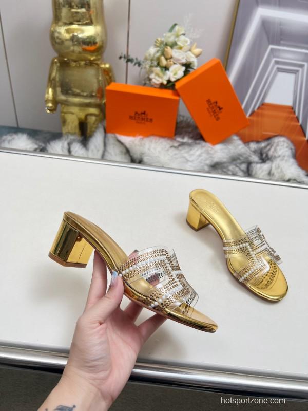 2025 Hermès Gold Leather Slippers MJ00180
