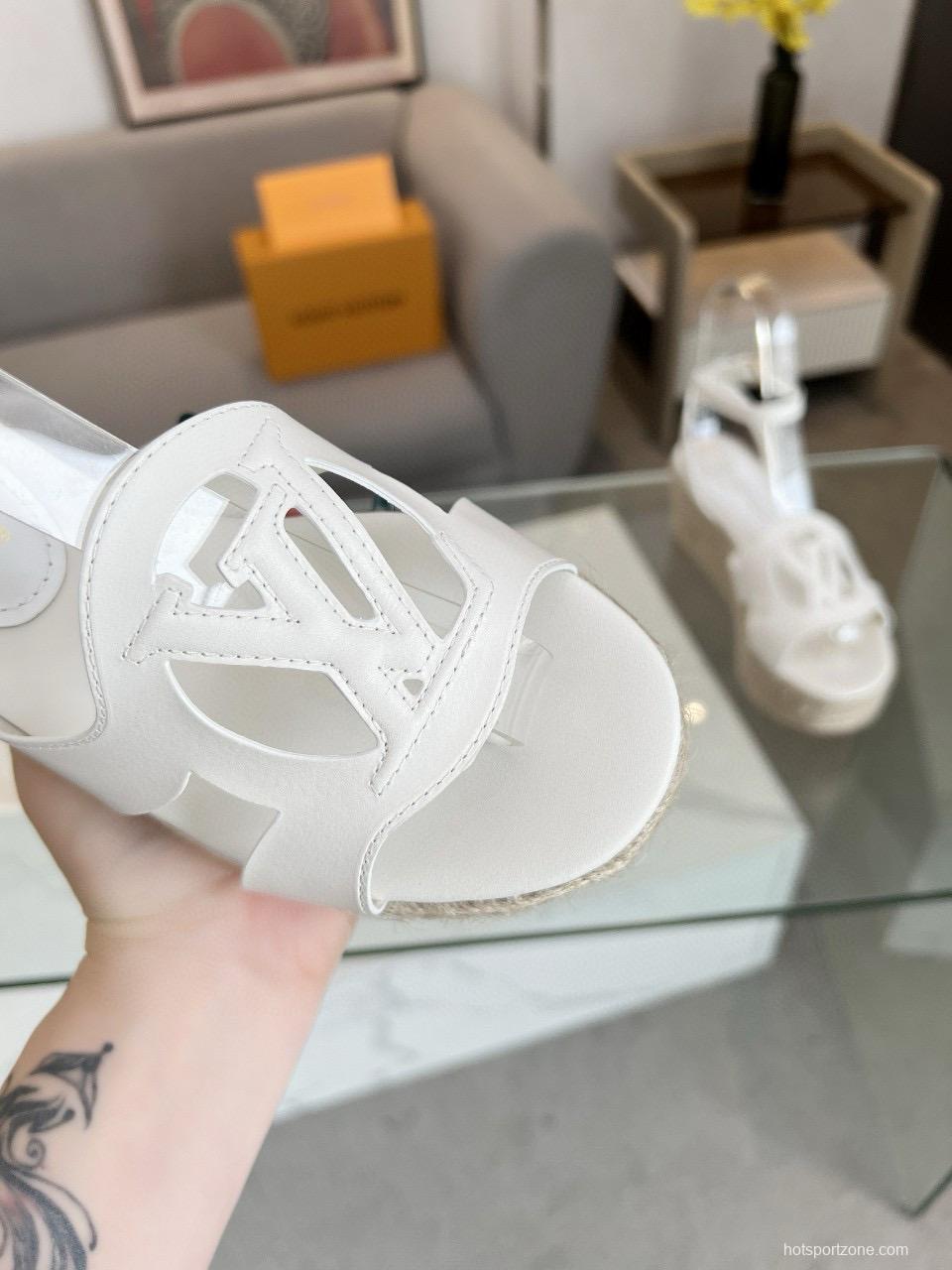 2025 Women Louis Vuitton White Leather Espadrille Wedge Sandals MJ00280
