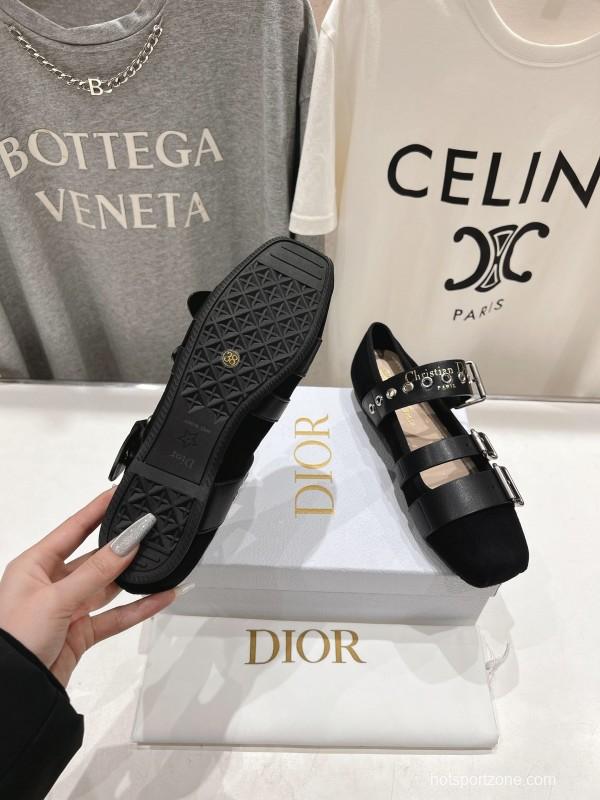 2025 Women Dior Black Leather Suede Mary Jane Buckle KFY00300