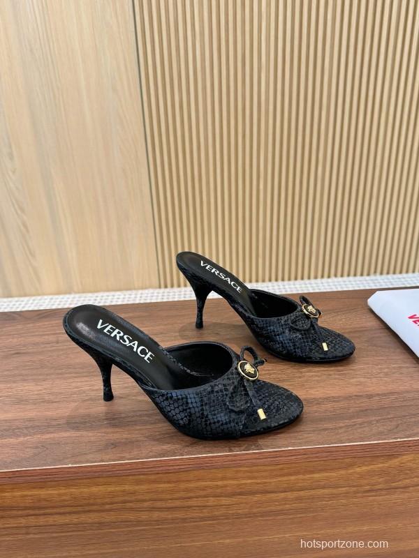 2025 Women VERSACE Black Leather Mule Heels LY00250