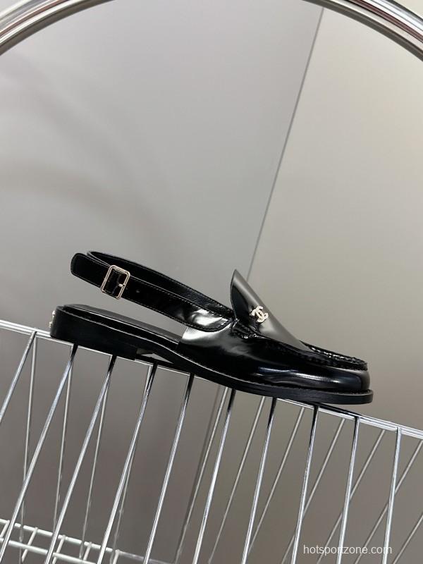 2025 Women Chanel Black Leather Loafers CC Logo KFY00300