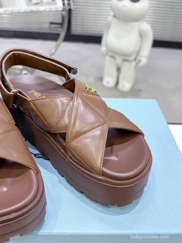 2025 Women Prada Brown Leather Sandal