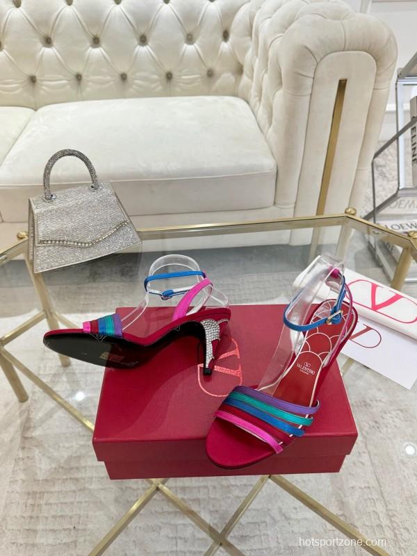 2025 Women Valentino Red Blue Green Pink Leather Suede High Heel Sandals LY00310