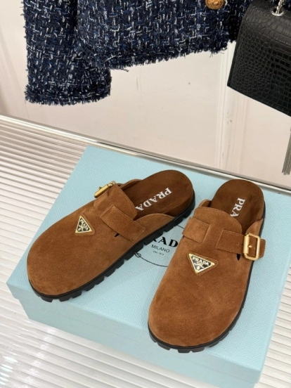 2025 Women Prada Brown Suede Slippers KFY00280