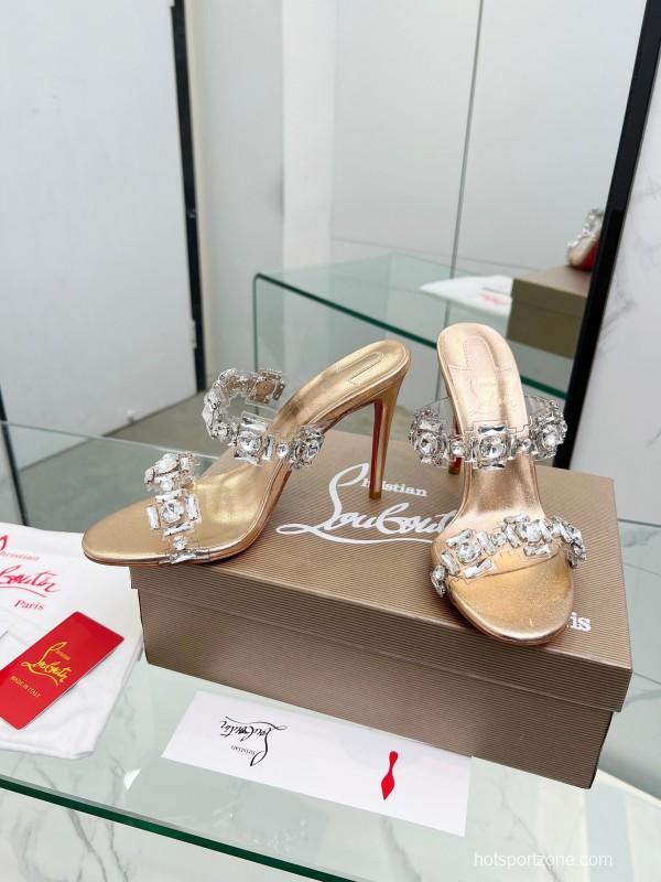 2025 Women Christian Louboutin Gold Leather High Heel Sandals LY00300