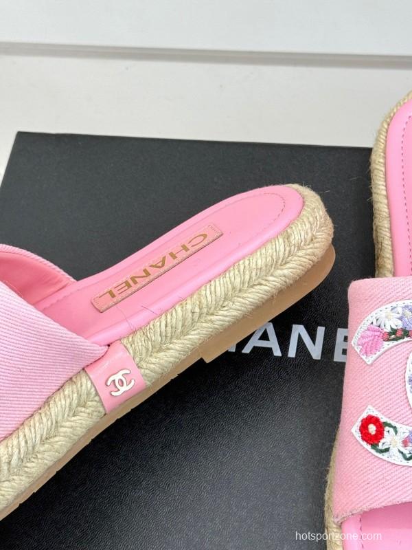2025 Slippers Chanel Pink Canvas Embroidered KFY00230