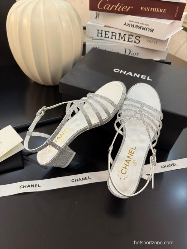 2025 Women Chanel White Synthetic Leather Sandals