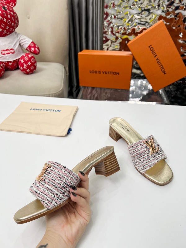2025 Women Louis Vuitton Pink White Tweed Leather Heeled Mules LY00220