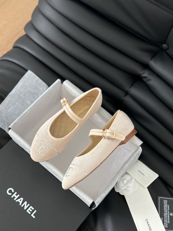2025 Women Chanel Beige Fabric Mary Jane Embroidery LY00280