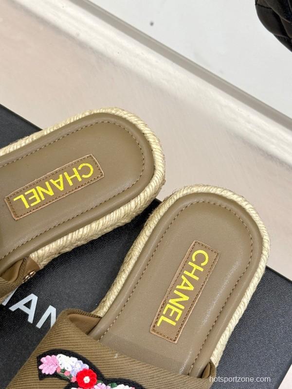 2025 Women Chanel Khaki Embroidered Lambskin Slippers KFY00230