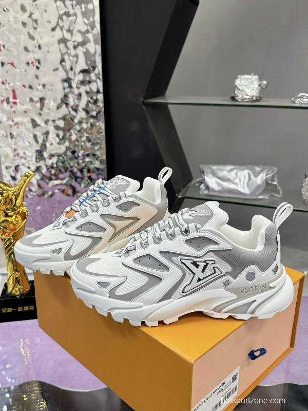 2025 Men Louis Vuitton White Grey Mesh Leather Sneakers MJ00420