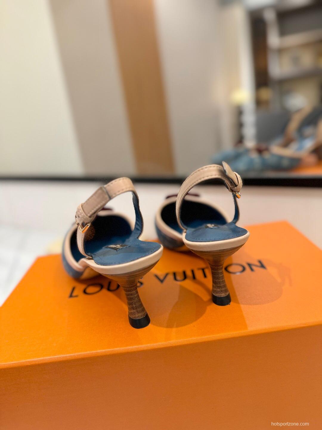 2025 Women Louis Vuitton Blue Denim LV Monogram Leather Sandals Buckle KFY00310