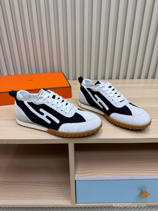 2025 Unisex Hermès White Black Suede Goat Leather Sneakers Top Version KFY00300