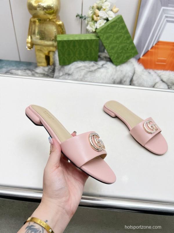 2025 Women Gucci Pink Leather Slippers GG Buckle MJ00190