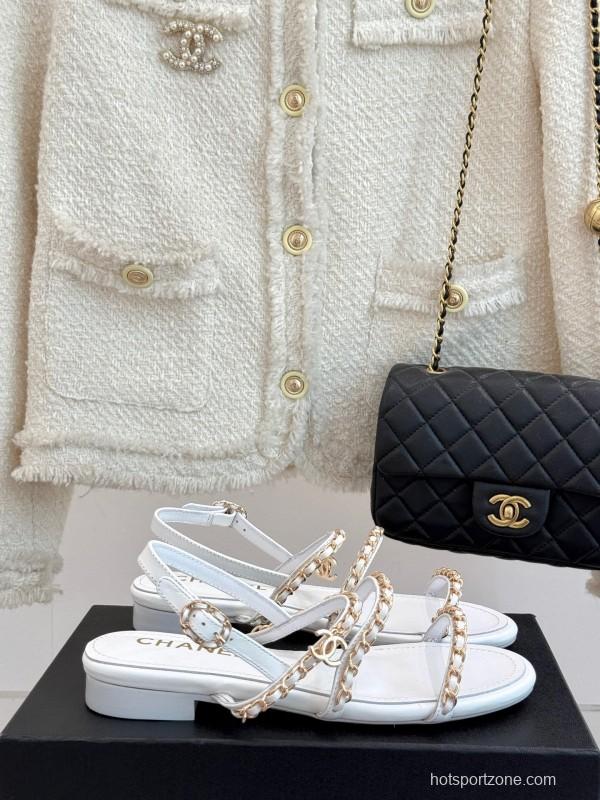 2025 Women Chanel White Leather Chain Strap Sandals