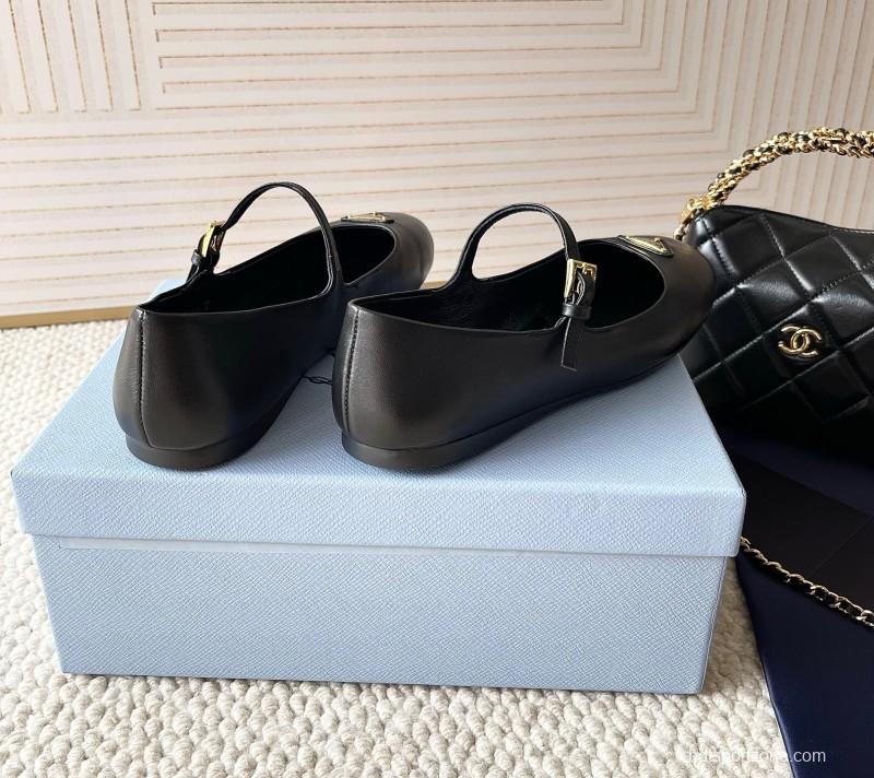 2025 Women Prada Black Leather Mary Jane Flat