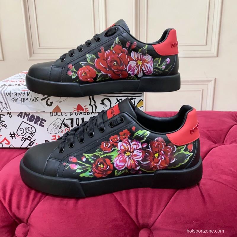 2025 Women Dolce & Gabbana Black Red Leather Sneakers Floral LY00300