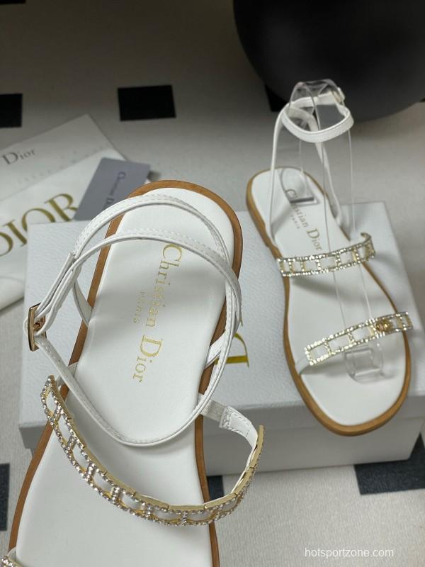2025 Women Dior White Leather Flat Sandals Crystal Embellishment