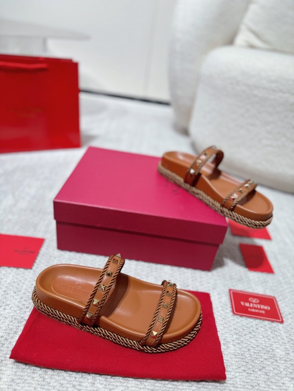 2025 Women Valentino Brown Leather Sandals Rope Braided LY00250